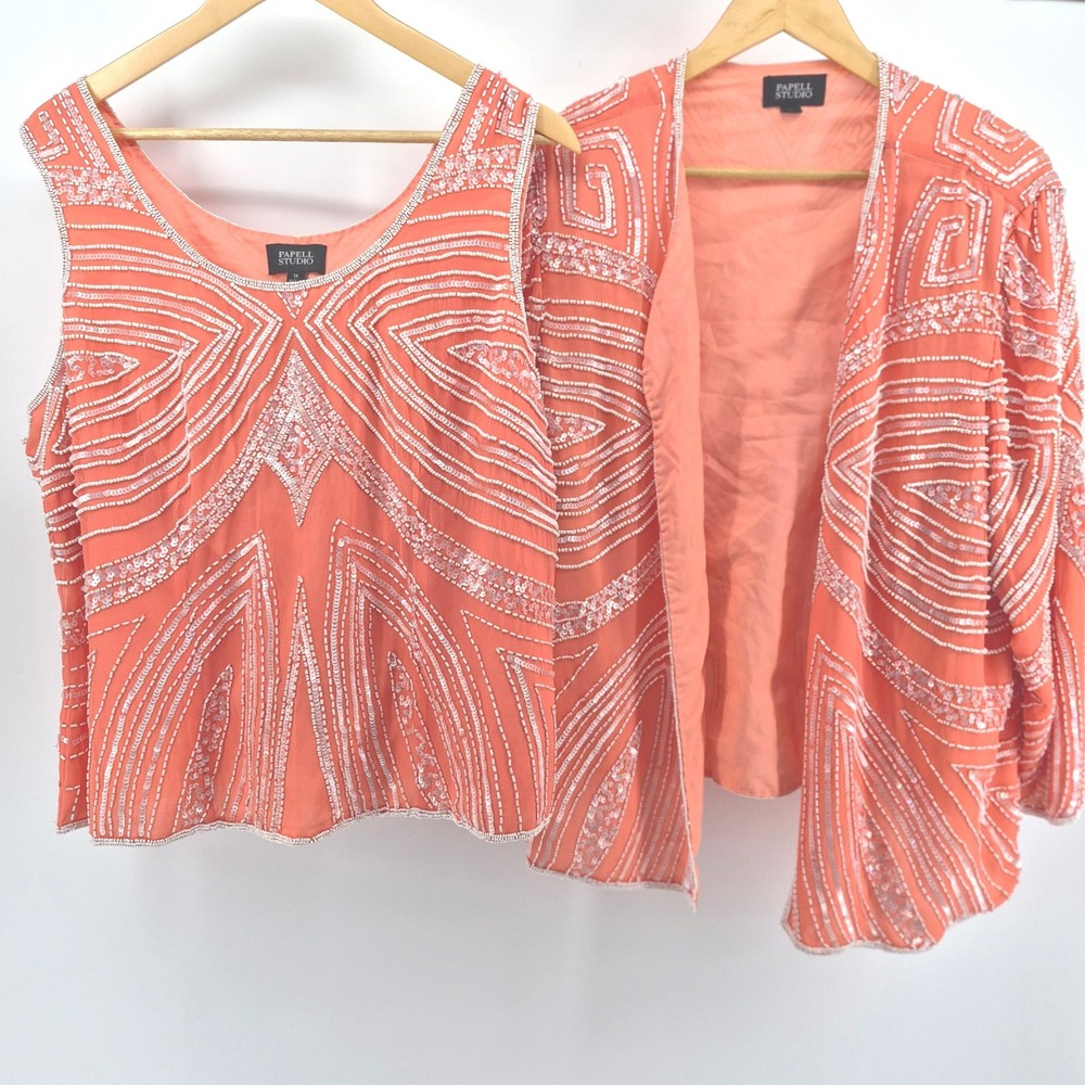 Vtg Papell Studio Beaded Coral Silk Tank Top & Open Cardigan Sz 1X Glam‎ Wedding